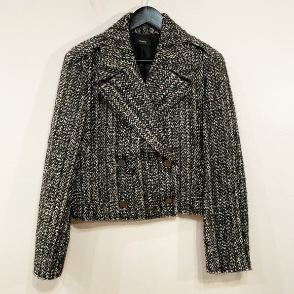 New Theory Sargent Wool Blend Tweed Jacket Black Beige 12 $495 - Picture 3 of 9